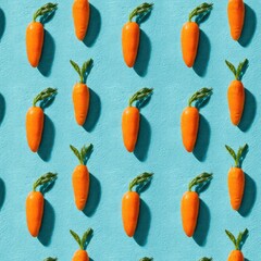 A vibrant pattern of miniature carrots, arranged in a grid on a bright blue surface, casting shadows