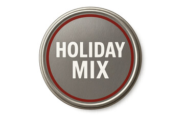 Fototapeta premium A round brushed metal tin lid with the words Holiday Mix in bold white text and a thin red circular stripe, representing a festive seasonal container