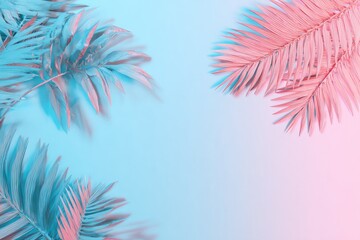 Palm fronds, lit with cyan and magenta hues, frame a pastel gradient background