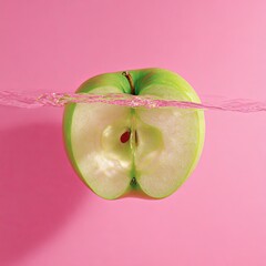 A vibrant green apple, halved, submerged in pink water, showcasing a fresh and crisp fruit aesthetic