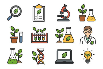 set of laboratory equipment and chemistry icons in simple vector style