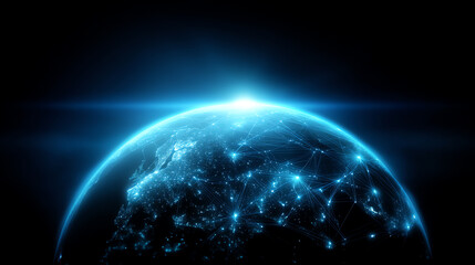 Glowing digital globe with network connections representing global data exchange and communication across continents, illuminated by a bright light at the horizon