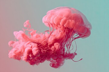 Abstract shot of pink ink spreading resembling a jellyfish against a gradient turquoise background