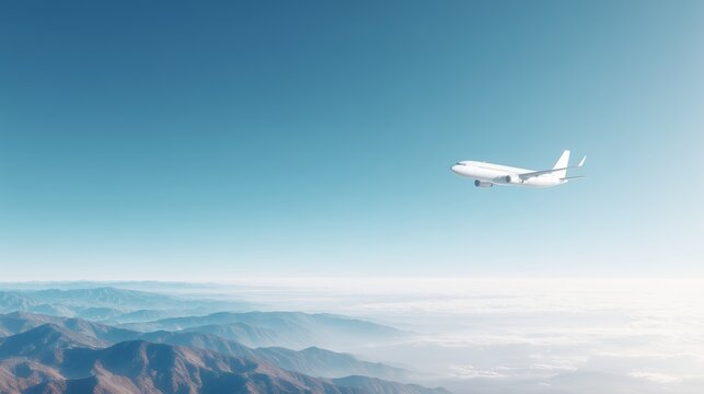 aerial travel adventure - Airplane Soaring Above Majestic Mountain Range and Clouds wanderlust aviation scene