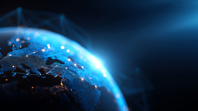Digital globe with illuminated network connections representing global communication and data exchange in a futuristic, technology-driven world