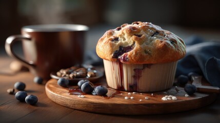 Freshly Baked Blueberry Muffin with Coffee and Berries on Rustic Wooden Table