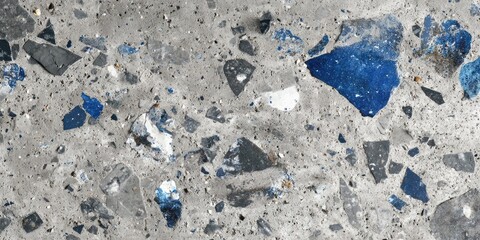 Close-up view of a mottled surface with scattered pieces, a mixture of gray and blue hues