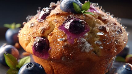 Freshly Baked Blueberry Muffin with Juicy Berries and Mint Garnish on a Rustic Table