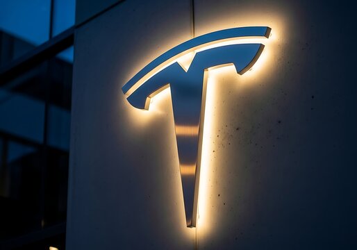Illuminated tesla logo on building exterior at night time exposure