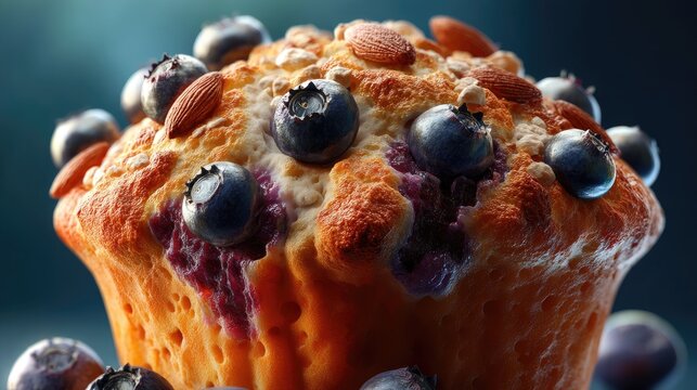 Freshly Baked Muffin Topped with Juicy Blueberries and Crunchy Almonds in Vibrant Background - Powered by Adobe