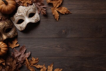 Autumnal arrangement with decorative masks, pumpkins, and foliage on a dark wooden surface