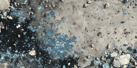 Aerial view of weathered concrete surface with blue patches, cracks, and fragmented rock fragments