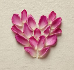 Heart shape comprised of pink petals arranged on a textured cream-colored surface