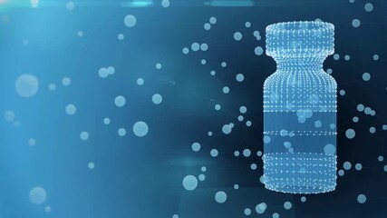 Digital blue wireframe vaccine vial rotating with floating virus particles and plexus connections representing pharmaceutical research and medical technology innovation - Powered by Adobe