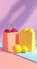Two colorful paper bags filled with ripe cherries and lemons, against a pastel background