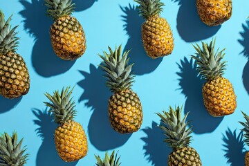A vibrant overhead view of numerous pineapples scattered on a bright, blue surface