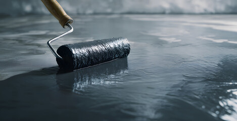 Obraz premium close-up view of roller painting grey concrete floor while black paint pours over the surface, capturing the process of renovation, sealing, and flooring work at construction site