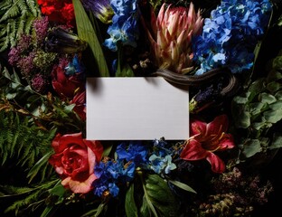Colorful floral arrangement framing a blank rectangular card, dark background