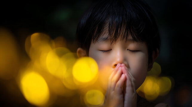 A child with closed eyes holds hands in a prayer gesture, surrounded by soft, glowing yellow bokeh lights, creating a serene and contemplative atmosphere