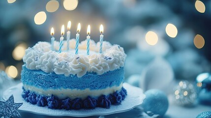 Celebrate with a delicious blue birthday cake and glowing candles for a special occasion or milestone, perfect for party invitations and festive designs