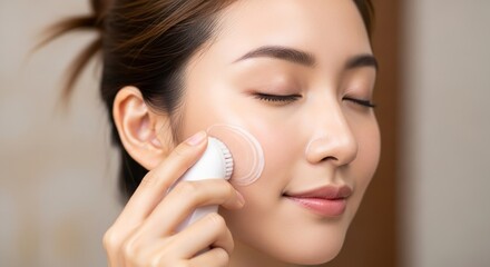 Young Asian woman enjoying a serene skincare routine, using an electric facial cleansing brush with foam for a deep clean and radiant glow