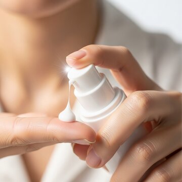 A close-up view of a woman's hands dispensing a creamy white lotion from a pump bottle onto her finger for a daily beauty and skincare regimen