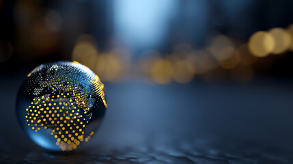 A glass globe with illuminated yellow dots representing continents, set against a dark, blurred background with bokeh lights, symbolizing global connection and technology