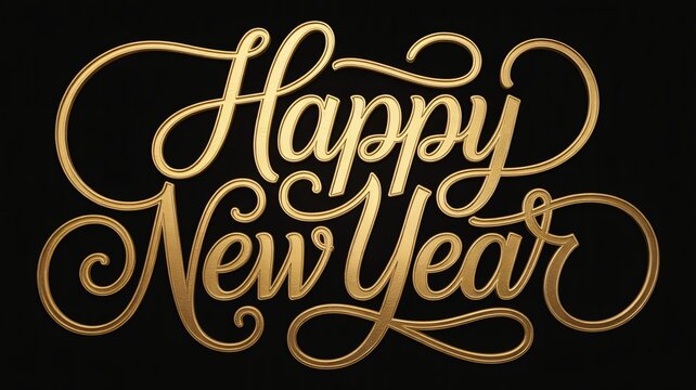Elegant gold Happy New Year greeting on black background, perfect for festive invitations, banners, and celebratory designs to welcome the year ahead
