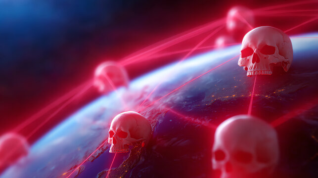 Red skulls connected by red laser beams hover over a dark Earth, symbolizing a global network of death or danger in a futuristic, ominous digital landscape - Powered by Adobe