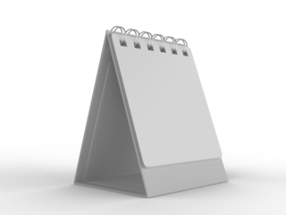 3D mockup of a blank standing desk calendar with spiral binding on isolated background. Ideal for branding, stationery design, schedule templates, office planner or notepad and product presentation.