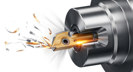 Close up of a turning tool in action, with sparks flying, high speed machining process