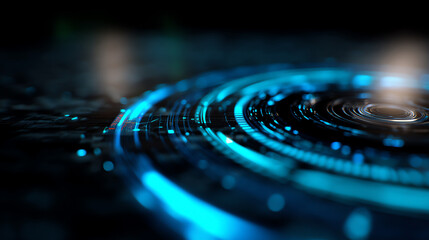 Futuristic digital interface with glowing blue circular data patterns and holographic elements, suggesting advanced technology and virtual interaction in a dark environment
