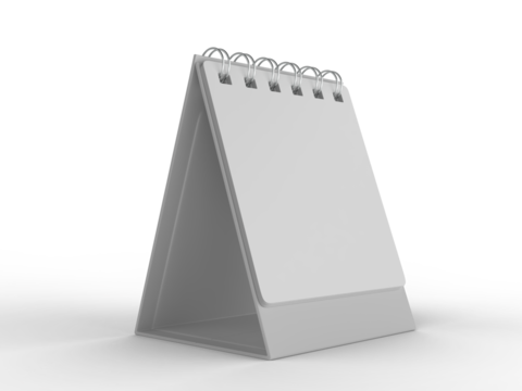 3D mockup of a blank standing desk calendar with spiral binding on isolated background. Ideal for branding, stationery design, schedule templates, office planner or notepad and product presentation.