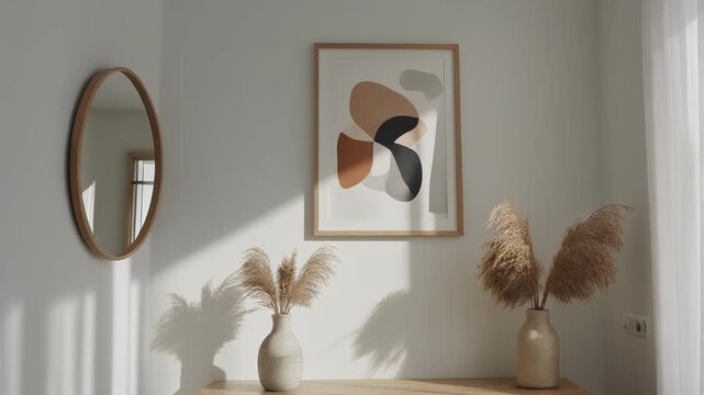 Modern Living Room Interior with Wooden Console Table, Pampas Grass, and Abstract Art in Sunlight