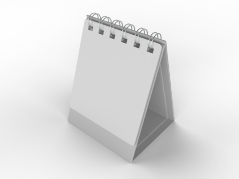 3D mockup of a blank standing desk calendar with spiral binding on isolated background. Ideal for branding, stationery design, schedule templates, office planner or notepad and product presentation.