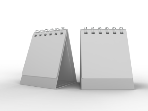 3D mockup of a blank standing desk calendar with spiral binding on isolated background. Ideal for branding, stationery design, schedule templates, office planner or notepad and product presentation.