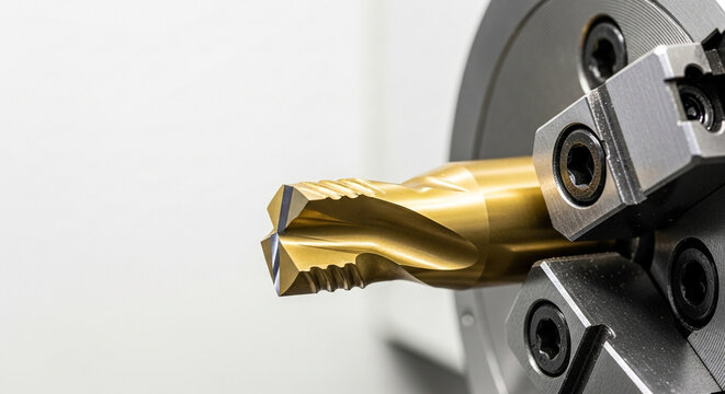 Closeup of a golden end mill cutter in a chuck, showcasing its precision and design for metalworking and machining operations