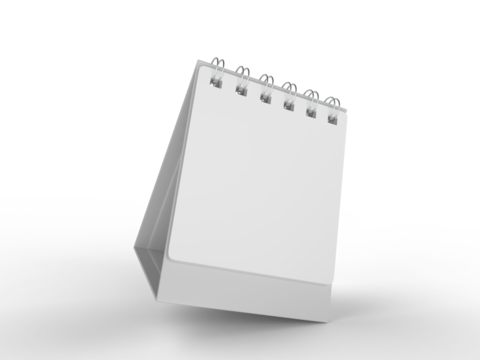 3D mockup of a blank standing desk calendar with spiral binding on isolated background. Ideal for branding, stationery design, schedule templates, office planner or notepad and product presentation.