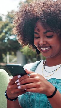 Friends, girl and laughing with phone outdoor for funny status update, social media meme or relax. Gen z people, smartphone or browsing at park with internet joke, online dating site or weekend break