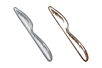 Hand drawn vintage sketch of kitchen knife in color and monochrome, isolated vector cutlery utensil illustration