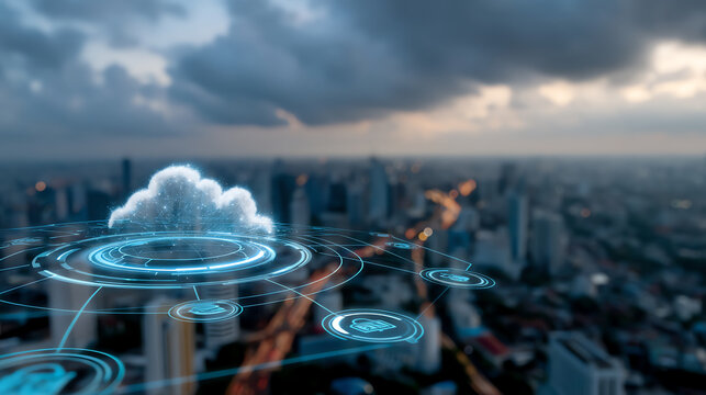 Digital cloud computing concept with holographic interface overlaying a blurred city skyline at dusk, representing data security, connectivity, and technology integration - Powered by Adobe