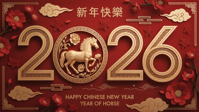 Celebrate the Year of the Horse with vibrant 2026 Chinese New Year designs and elegant golden accents for festive greetings and prosperous beginnings