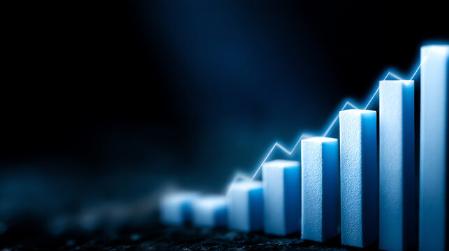 Blue glowing bar chart with ascending columns on a dark background, representing growth, progress, and financial or business success