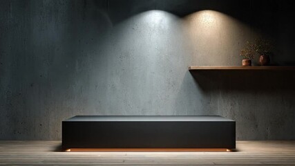 Minimalist interior black bench concrete wall wooden shelf with plants lit by spotlights - Powered by Adobe
