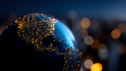 A digital globe showing North and Central America with illuminated data points against a blurred dark background, symbolizing global connectivity and technology