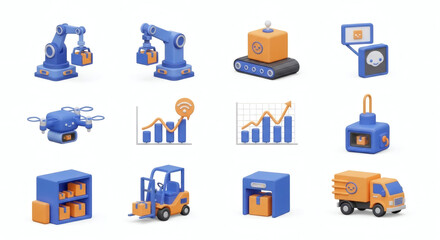 Modern industrial automation and smart logistics concept icons, illustrating advanced supply chain management and factory technology for efficient operations.