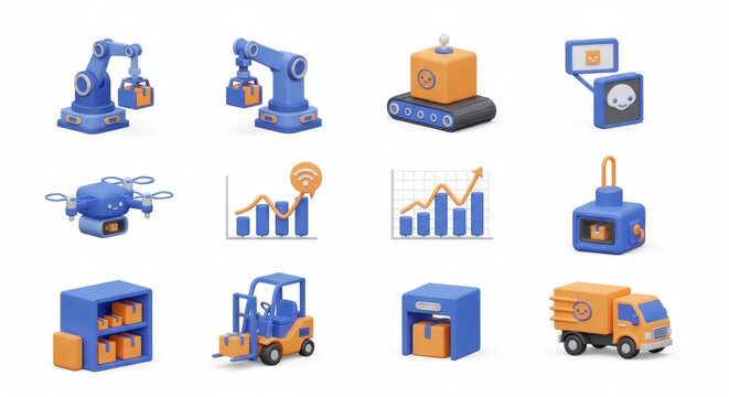 Modern industrial automation and smart logistics concept icons, illustrating advanced supply chain management and factory technology for efficient operations.