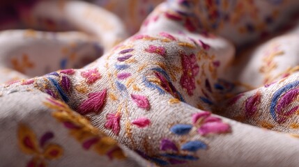 Fototapeta premium Delicate Close-Up of Colorful Floral Embroidery on Soft Fabric Texture with Intricate Patterns and Warm Tones