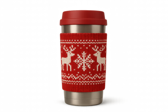 A stainless steel travel mug with a red knitted cozy featuring a festive Christmas pattern of white reindeer and snowflakes and a matching red lid for hot beverages