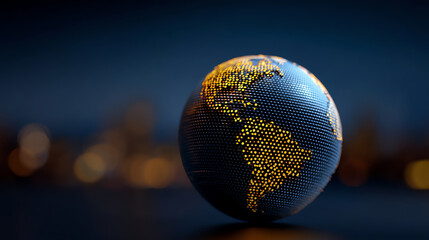 Glowing digital globe highlighting the Americas with yellow dots on a dark background, representing technology, data, and global connectivity in a modern, futuristic style